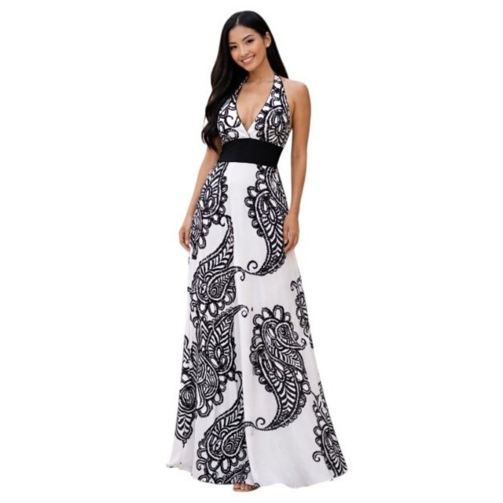 White House Black Market Halter Maxi Dress Black White Paisley Silk Lined 10